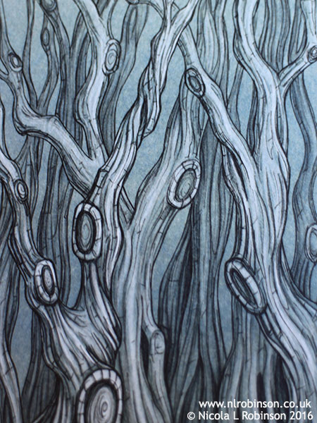 Inky twisted trees illustration © Nicola L Robinson all rights reserved www.nlrobinson.co.uk
